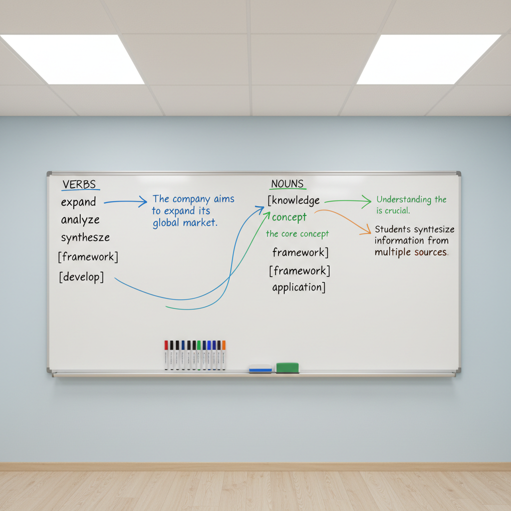 A large, wall-mounted whiteboard filled with neatly organized English vocabulary columns, phonetic symbols, and color-coded arrows connecting example sentences, all written in clean, legible handwriting. Magnetic markers and erasers rest on a narrow metal ledge beneath. The whiteboard dominates a minimalist classroom with light wooden flooring and pale blue walls, giving a sense of clarity and focus. Overhead, diffused ceiling lights create even, soft illumination with almost no harsh shadows. Shot from a slightly angled, wide perspective in photographic realism, the composition emphasizes structure and progression, suggesting a clear path through English grammar and vocabulary in a warm, orderly learning environment.