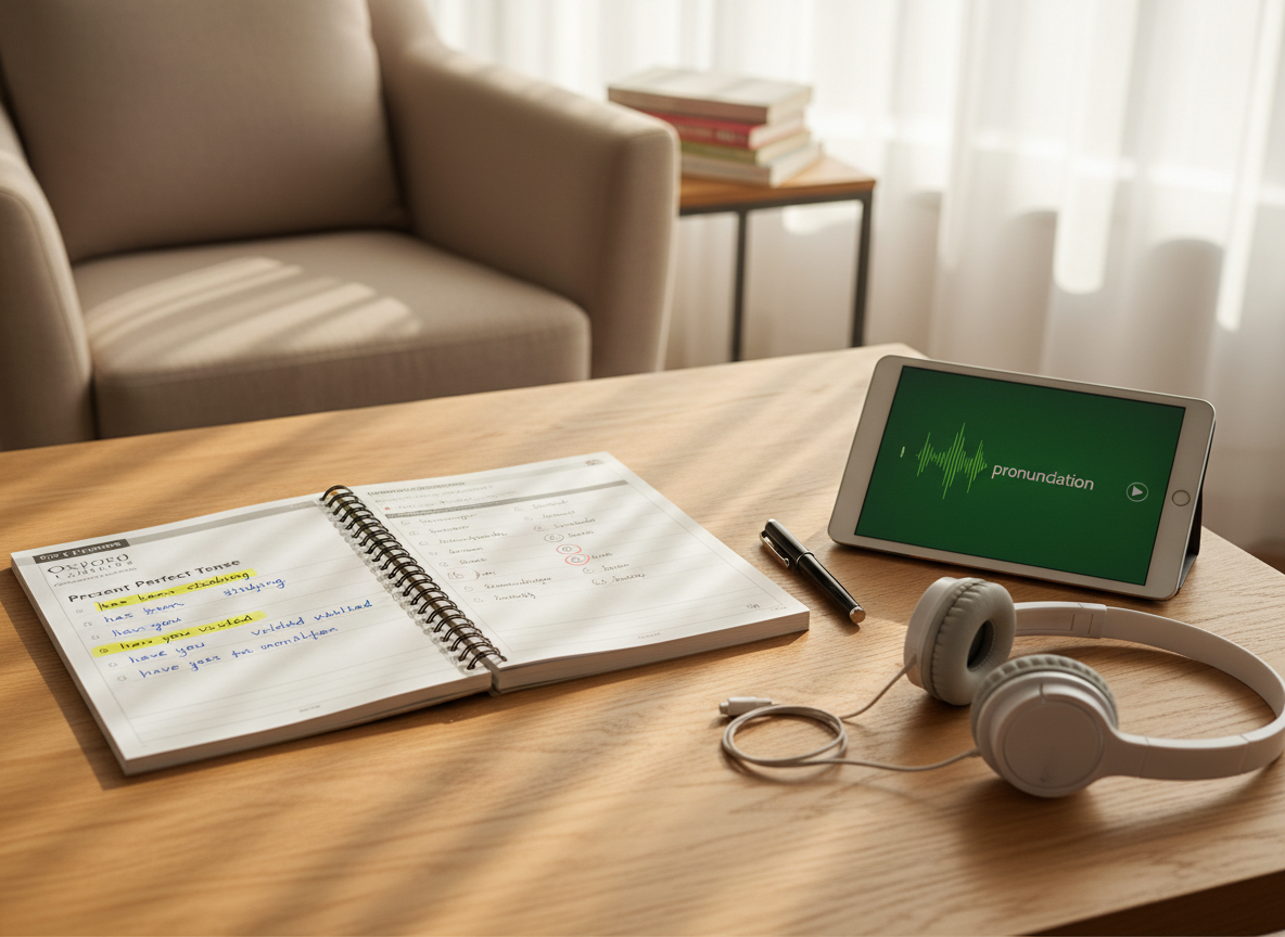 An open spiral-bound English workbook lying on a smooth oak table, its pages filled with a mix of printed exercises, highlighted key phrases, and carefully circled answers. Beside it, a fine-point pen, a slim digital tablet displaying an audio pronunciation wave, and a pair of simple over-ear headphones rest in an organized layout. The setting is a cozy reading nook with a neutral fabric armchair in the softly blurred background. Late afternoon light filters through sheer curtains, creating a warm, golden glow and gentle shadows across the table. Photographic realism at a slightly elevated angle with shallow depth of field highlights the study materials, capturing a focused yet inviting mood that supports effective self-paced English learning.