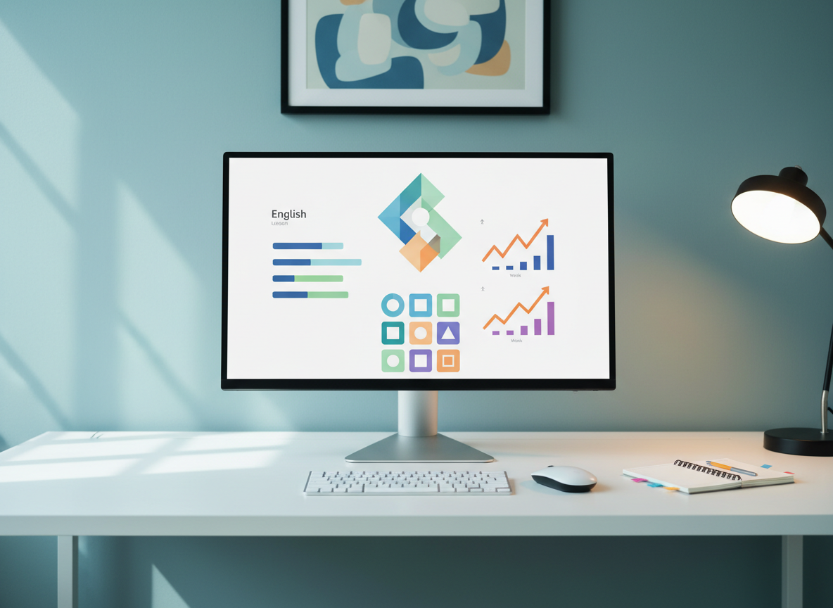 A modern computer monitor on a tidy white desk displaying a structured English lesson dashboard with progress bars, unit icons, and simple charts suggesting improvement over time, all rendered as abstract shapes and colors without readable text. A wireless keyboard, ergonomic mouse, and a small notebook with bookmarked pages complete the arrangement. The desk is placed against a muted teal wall with a minimal framed abstract print above it. Cool, diffused daylight from an unseen window mixes with soft, warm desk-lamp light, creating balanced, comfortable illumination. Shot front-on in photographic realism with sharp focus throughout, the image conveys a professional, data-informed approach to English learning, emphasizing clarity, progress tracking, and accessibility for diverse learners.