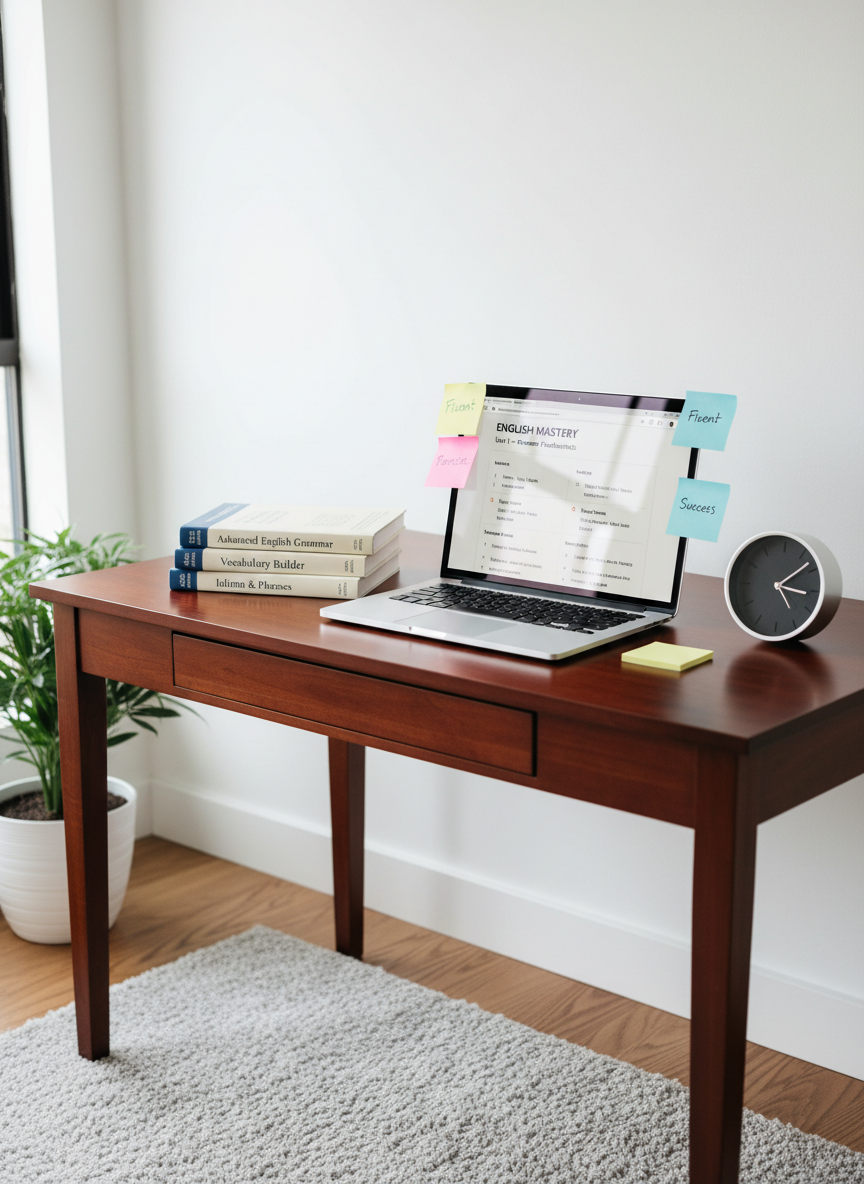 A sleek wooden study desk with a slim silver laptop open to a clean English lesson interface, surrounded by neatly stacked grammar workbooks, colorful sticky notes, and a simple analog clock. The desk sits in a bright, uncluttered home office with white walls, a soft grey rug, and a small green plant adding a touch of color. Gentle morning daylight pours in from a nearby window, casting soft, natural shadows and subtle reflections on the laptop screen. Captured at eye level in photographic realism with a shallow depth of field, the focus is on the tools of language learning, creating a calm, professional, and encouraging atmosphere that conveys English learning as simple and accessible.